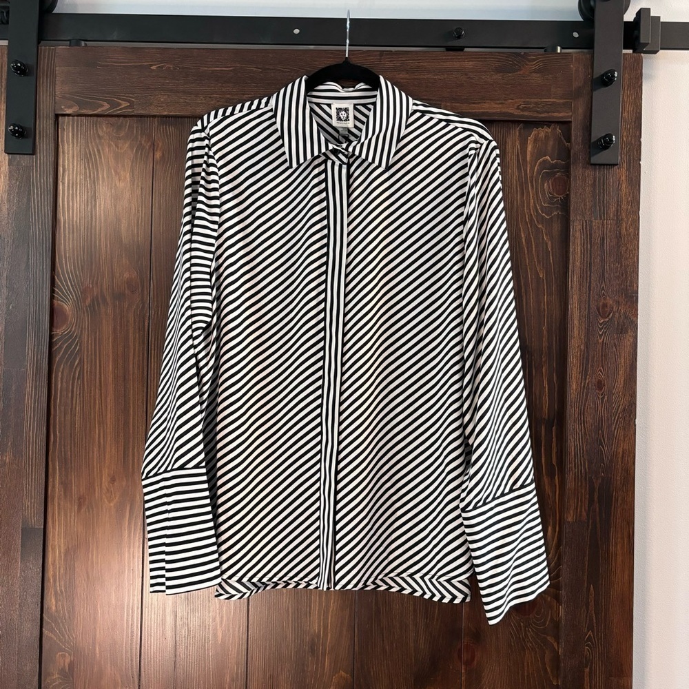 Anne Klein L Black and White Asymmetrical Striped Button Down Formal Shirt NWT - Picture 5 of 6